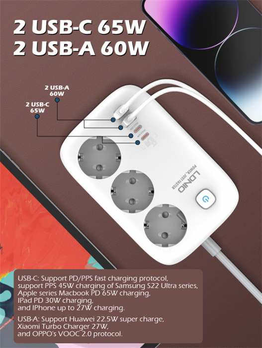 Prelungitor LDNIO SE3436, 3 prize, 2 X USB-A, 2X USB-C, 65W, 2m [2]