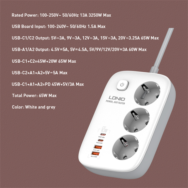 Prelungitor LDNIO SE3436, 3 prize, 2 X USB-A, 2X USB-C, 65W, 2m [5]