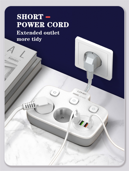 Prelungitor LDNIO SE2435, 2 prize, 3 X USB-A, 1X USB-C, incarcare rapida QC 3.0, 10A [5]