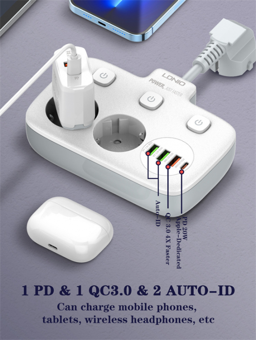 Prelungitor LDNIO SE2435, 2 prize, 3 X USB-A, 1X USB-C, incarcare rapida QC 3.0, 10A [4]