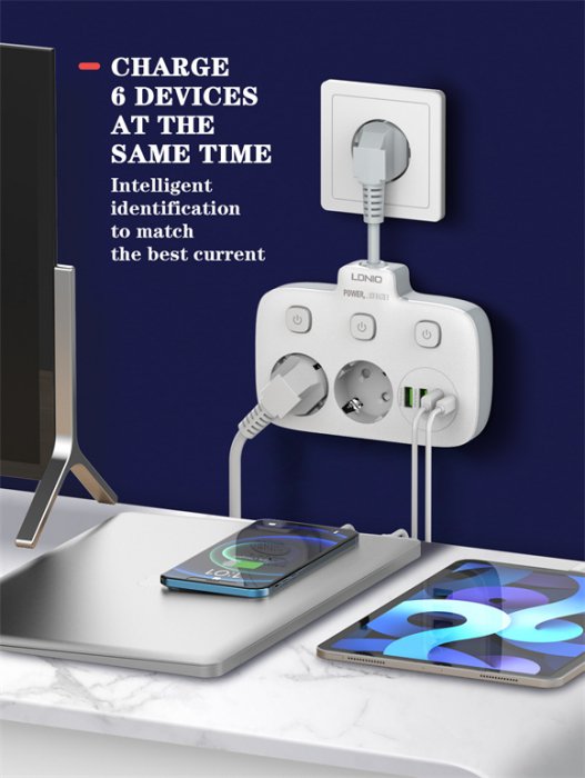 Prelungitor LDNIO SE2435, 2 prize, 3 X USB-A, 1X USB-C, incarcare rapida QC 3.0, 10A [6]