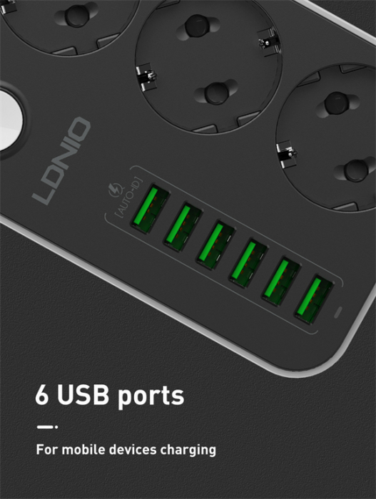 Prelungitor LDNIO SE3631, 3 prize, 6 X USB-A, 17W, 2m [5]