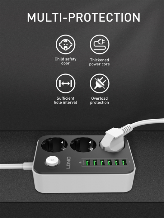 Prelungitor LDNIO SE3631, 3 prize, 6 X USB-A, 17W, 2m [7]