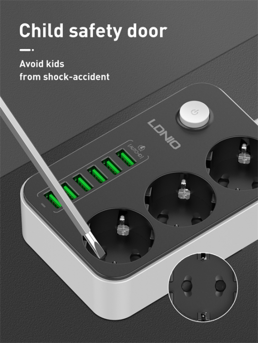 Prelungitor LDNIO SE3631, 3 prize, 6 X USB-A, 17W, 2m [6]