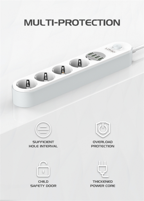 Prelungitor LDNIO SE4432, 4 prize, 4 X USB-A, PD Quick Charge, 17W, 2m [6]