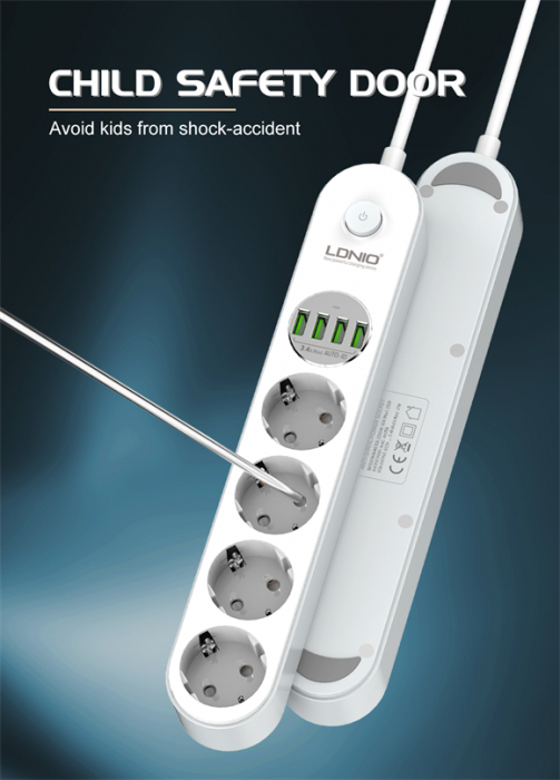 Prelungitor LDNIO SE4432, 4 prize, 4 X USB-A, PD Quick Charge, 17W, 2m [5]