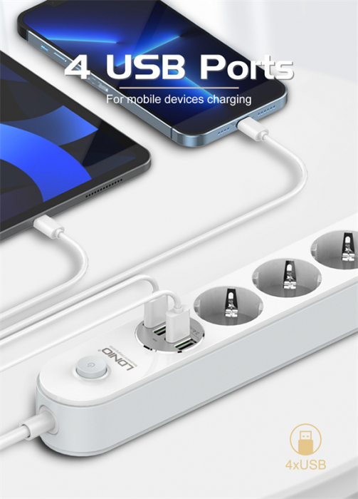 Prelungitor LDNIO SE4432, 4 prize, 4 X USB-A, PD Quick Charge, 17W, 2m [4]