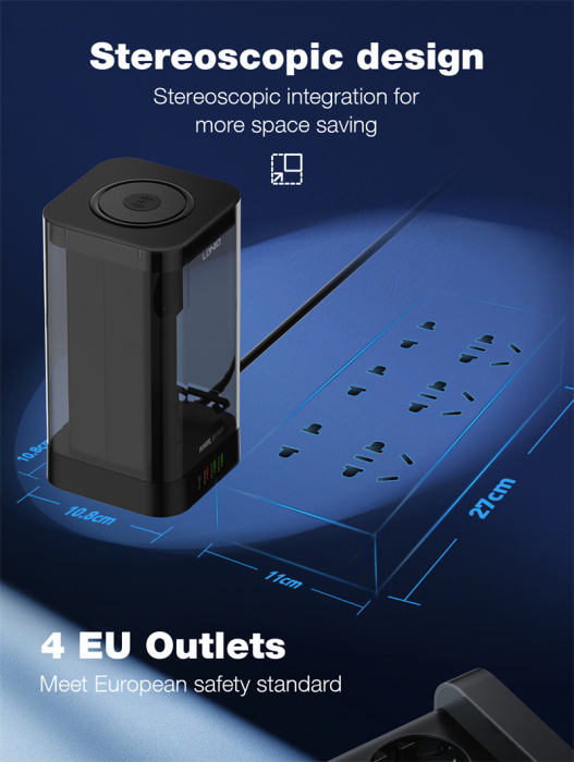 Prelungitor Tip Turn LDNIO SEW4485, Incarcator wireless,  3 prize, 3 X USB-A, 1 X USB-C, Incarcare rapida QC 3.0, 32W, 2m [5]