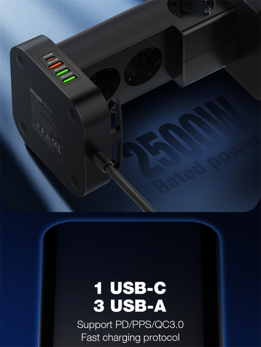 Prelungitor Tip Turn LDNIO SEW4485, Incarcator wireless,  3 prize, 3 X USB-A, 1 X USB-C, Incarcare rapida QC 3.0, 32W, 2m [6]