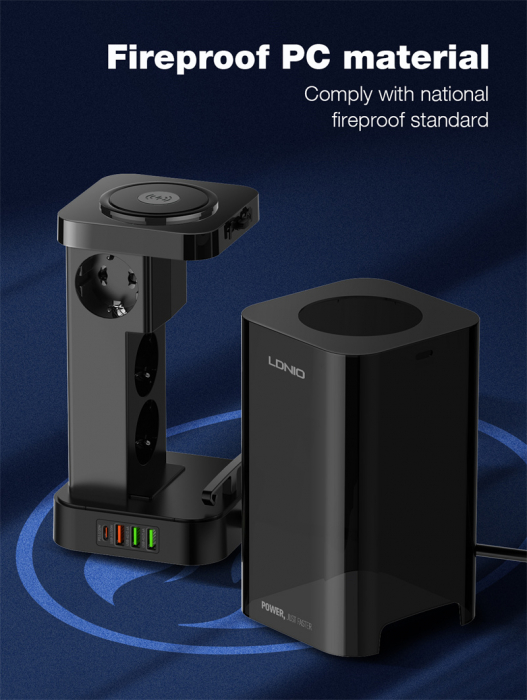 Prelungitor Tip Turn LDNIO SEW4485, Incarcator wireless,  3 prize, 3 X USB-A, 1 X USB-C, Incarcare rapida QC 3.0, 32W, 2m [12]