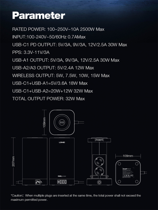 Prelungitor Tip Turn LDNIO SEW4485, Incarcator wireless,  3 prize, 3 X USB-A, 1 X USB-C, Incarcare rapida QC 3.0, 32W, 2m [13]