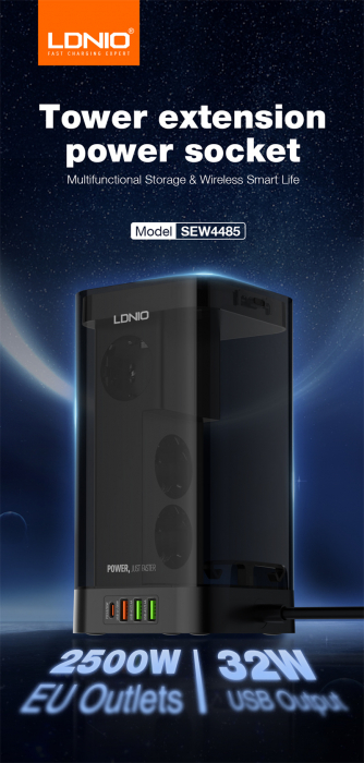 Prelungitor Tip Turn LDNIO SEW4485, Incarcator wireless,  3 prize, 3 X USB-A, 1 X USB-C, Incarcare rapida QC 3.0, 32W, 2m [4]