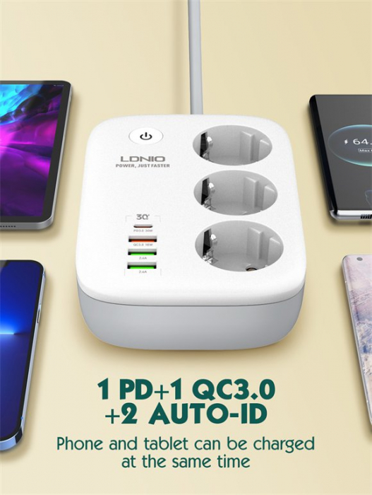 Prelungitor Smart WIFI LDNIO SEW3452, 3 prize, 3 X USB-A, 1X USB-C, 30W, 2m, incarcare rapida QC 3.0, Tuya [2]
