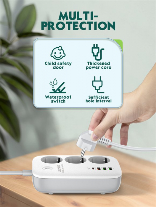 Prelungitor Smart WIFI LDNIO SEW3452, 3 prize, 3 X USB-A, 1X USB-C, 30W, 2m, incarcare rapida QC 3.0, Tuya [5]