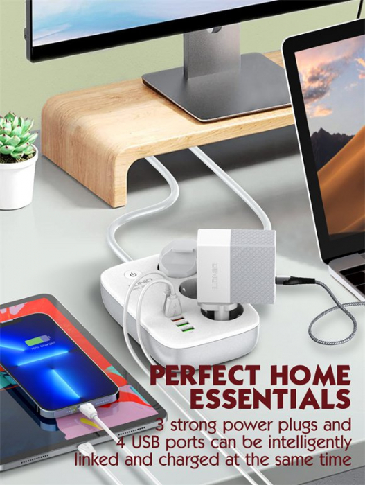 Prelungitor Smart WIFI LDNIO SEW3452, 3 prize, 3 X USB-A, 1X USB-C, 30W, 2m, incarcare rapida QC 3.0, Tuya [4]