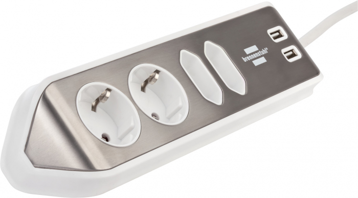 Prelungitor pentru perete/colt Brennenstuhl Estilo 4 prize, 2 USB, 3.1 A, 2m Inox, Adeziv inclus, Argintiu-Alb [3]