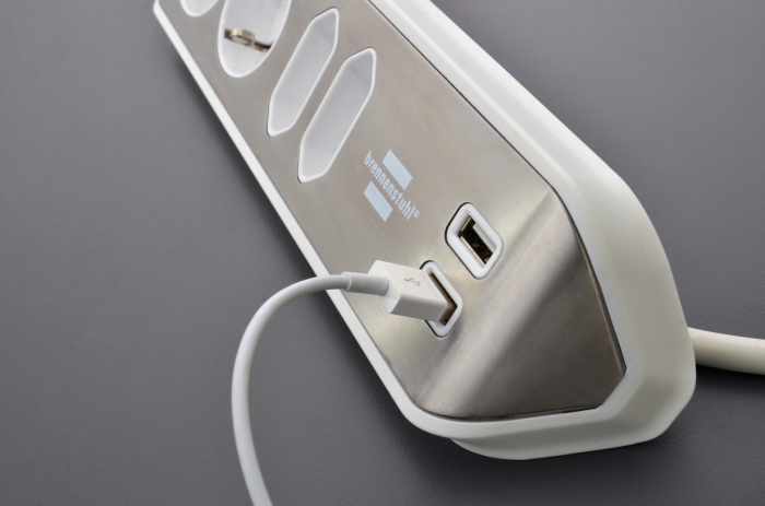 Prelungitor pentru perete/colt Brennenstuhl Estilo 4 prize, 2 USB, 3.1 A, 2m Inox, Adeziv inclus, Argintiu-Alb [9]