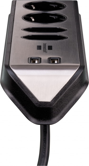 Prelungitor pentru perete/colt Brennenstuhl Estilo 4 prize, 2 USB, 3.1 A, 2m Inox, Adeziv inclus, Argintiu-Negru [2]