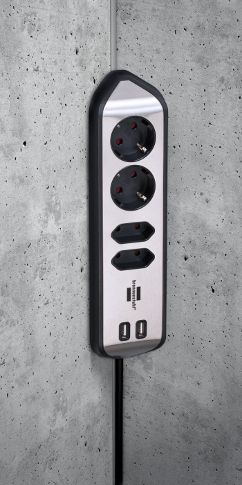 Prelungitor pentru perete/colt Brennenstuhl Estilo 4 prize, 2 USB, 3.1 A, 2m Inox, Adeziv inclus, Argintiu-Negru [8]