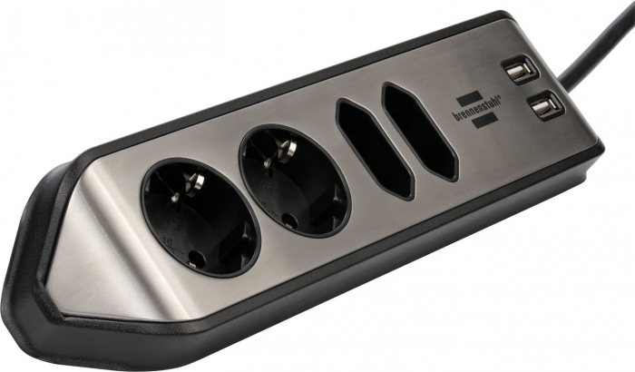 Prelungitor pentru perete/colt Brennenstuhl Estilo 4 prize, 2 USB, 3.1 A, 2m Inox, Adeziv inclus, Argintiu-Negru [3]