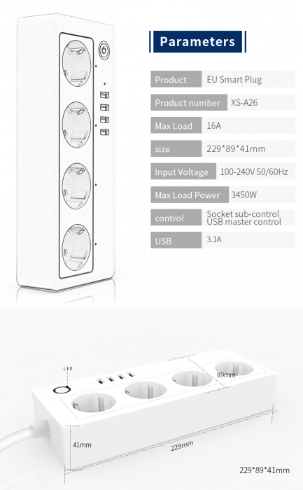Prelungitor Smart Rovo A26, Wifi, 16A, 4 Prize Individuale, 4 USB Tuya, Alexa, Google Assistant, [9]