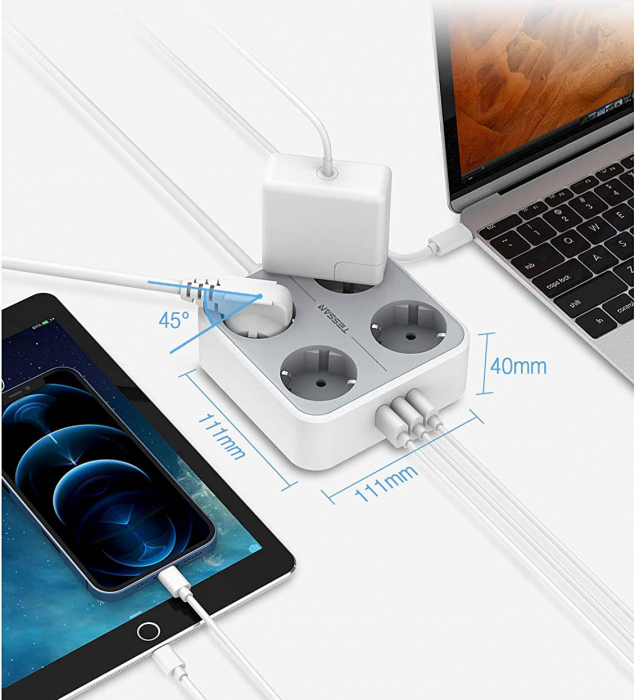 Prelungitor Tessan TS-302-C, 4 prize, 2 X USB-A, 1X USB-C, 3A, cablu 2m [6]