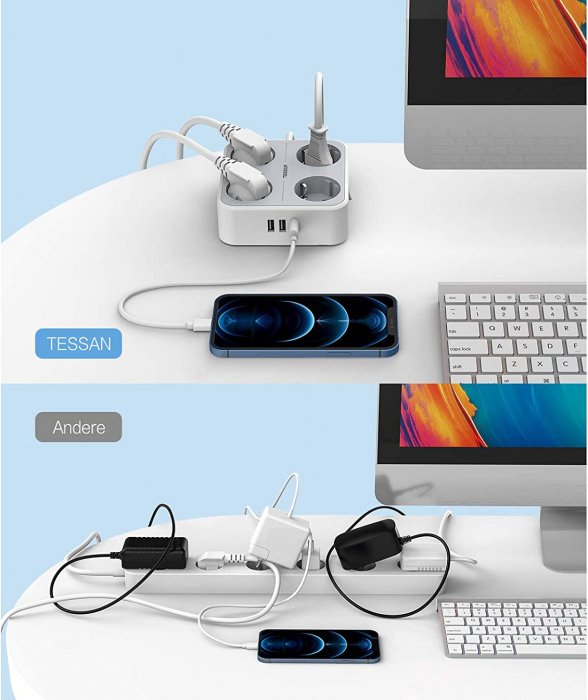 Prelungitor Tessan TS-302-C, 4 prize, 2 X USB-A, 1X USB-C, 3A, cablu 2m [2]
