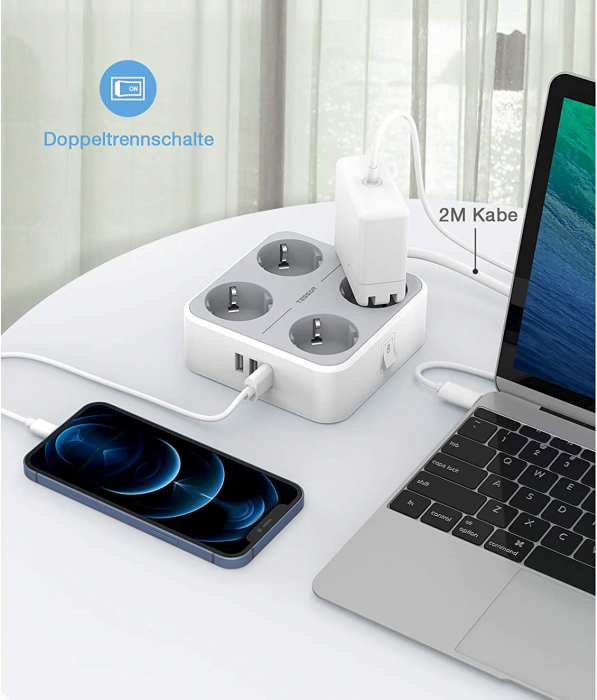 Prelungitor Tessan TS-302-C, 4 prize, 2 X USB-A, 1X USB-C, 3A, cablu 2m [3]