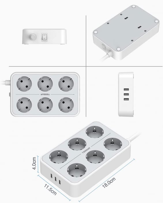 Prelungitor Tessan TS-303, 6 prize, 3 USB 3A, cablu 2m [7]