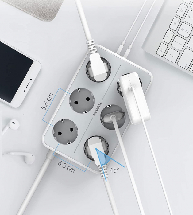Prelungitor Tessan TS-303, 6 prize, 3 USB 3A, cablu 2m [6]