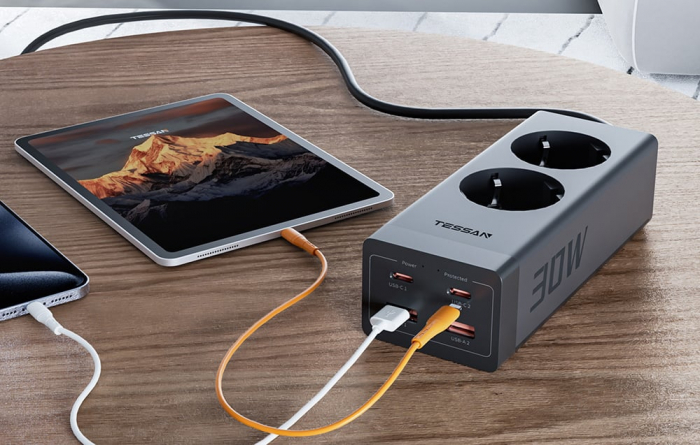 Prelungitor Tessan ‎TS-FS01DE, 2X USB-C, 2x USB, 2 prize, incarcare rapida USB-C, 30W, 2m, negru [4]