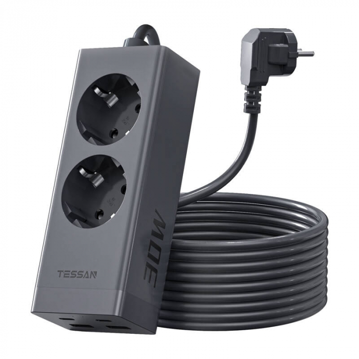 Prelungitor Tessan ‎TS-FS01DE, 2X USB-C, 2x USB, 2 prize, incarcare rapida USB-C, 30W, 2m, negru [2]
