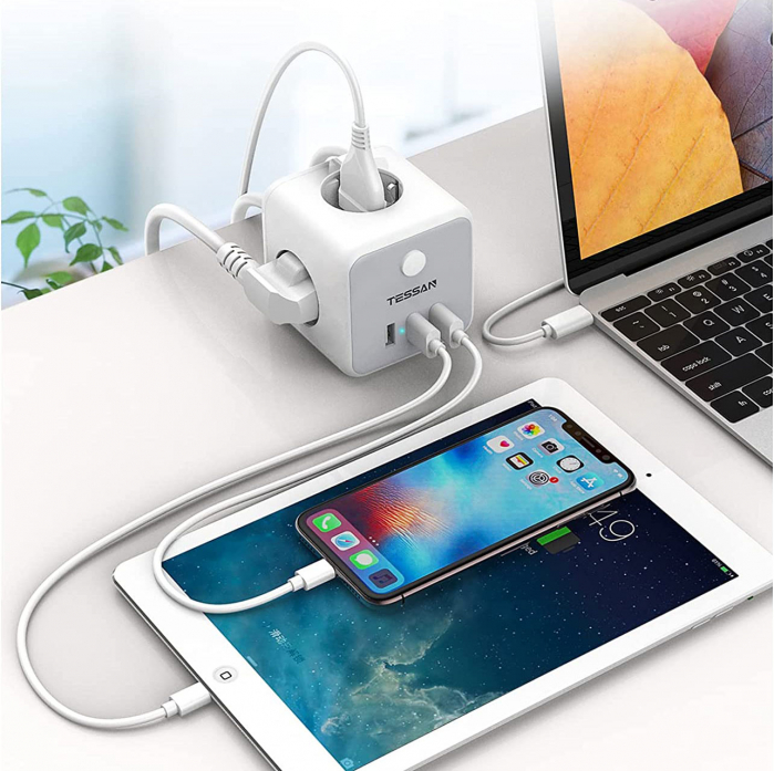 Prelungitor tip cub Tessan TS-301-C, 3 prize, 2 X USB A, 1 X USB-C, cablu 1.5m [3]