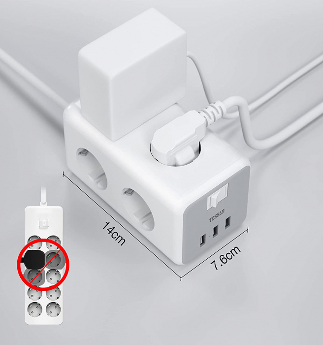 Prelungitor tip cub Tessan TS-306, 6 prize, 3 USB 3A, cablu 2m [6]