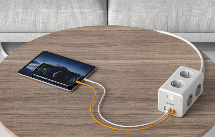 Prelungitor tip cub Tessan TS-306-C, 6 prize, 2 USB, 1 USB-C, 3A, cablu 2m [3]
