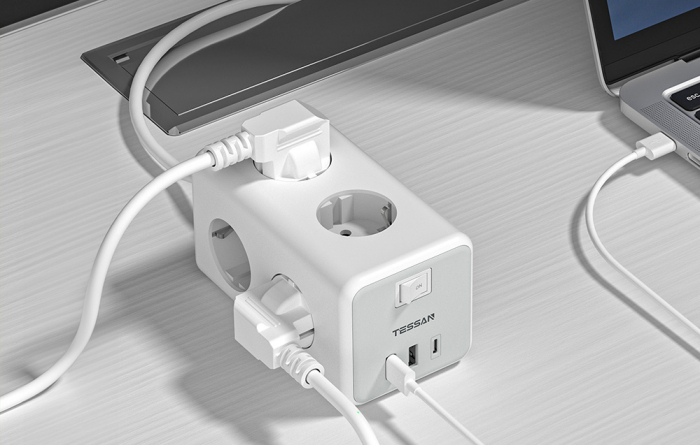 Prelungitor tip cub Tessan TS-306-C, 6 prize, 2 USB, 1 USB-C, 3A, cablu 2m [2]