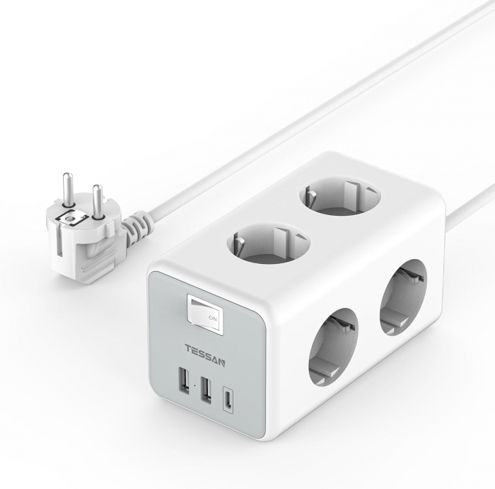 Prelungitor tip cub Tessan TS-306-C, 6 prize, 2 USB, 1 USB-C, 3A, cablu 2m [1]