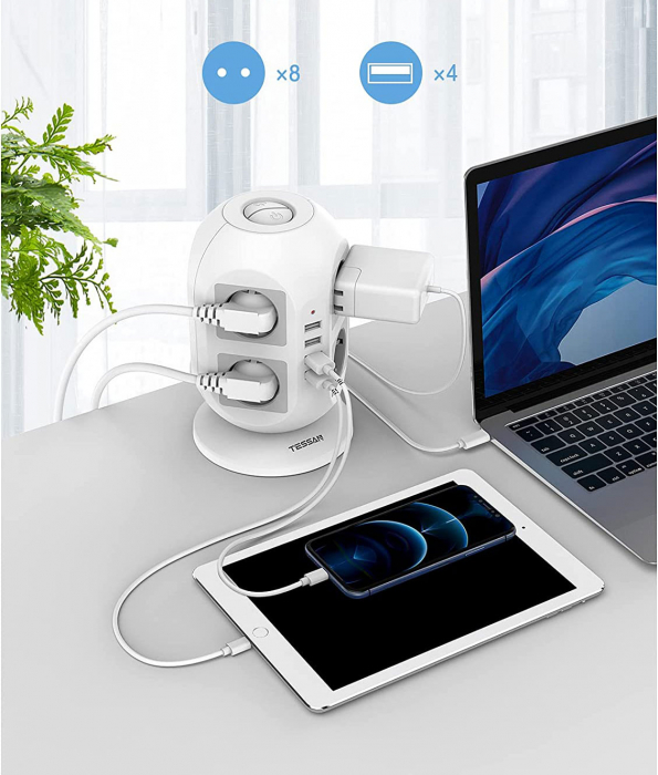 Prelungitor tip Turn Tessan JW402, 8 prize, 4 USB 3.1A, cablu 2m, protectie la suprasarcina [5]