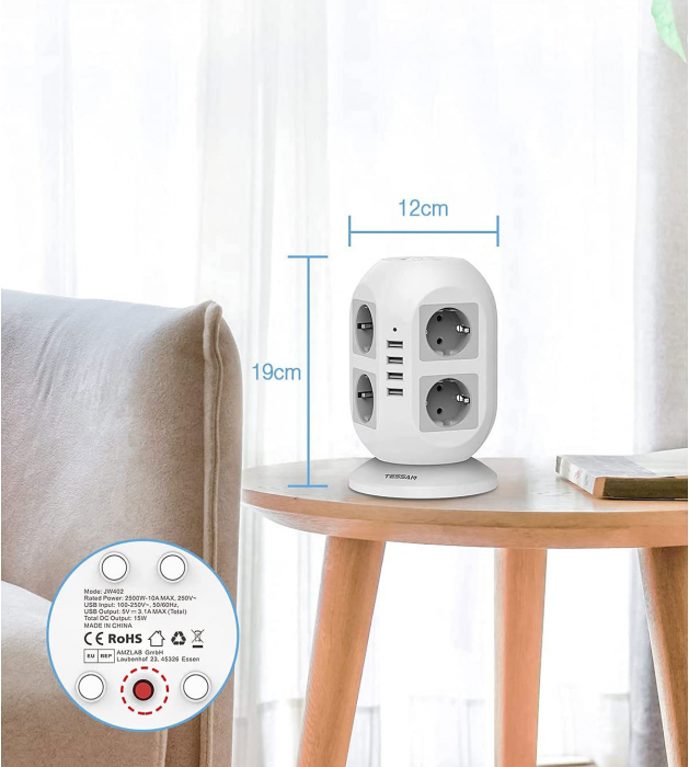 Prelungitor tip Turn Tessan JW402, 8 prize, 4 USB 3.1A, cablu 2m, protectie la suprasarcina [7]