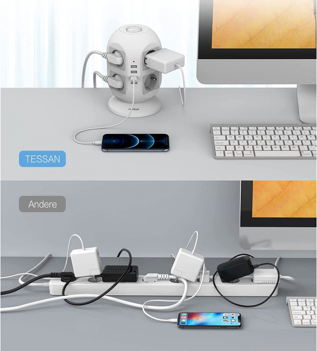 Prelungitor tip Turn Tessan JW402, 8 prize, 4 USB 3.1A, cablu 2m, protectie la suprasarcina [3]