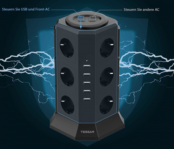 Prelungitor tip Turn Tessan TP-VA5U12E, 12 prize, 5 USB 4.5A, cablu 2m, protectie la suprasarcina [4]