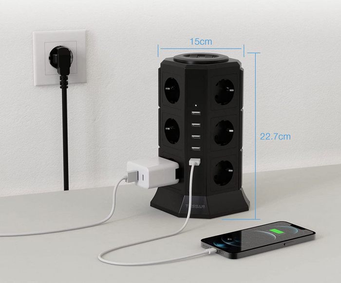 Prelungitor tip Turn Tessan TP-VA5U12E, 12 prize, 5 USB 4.5A, cablu 2m, protectie la suprasarcina [2]