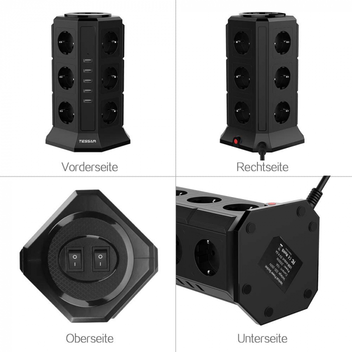 Prelungitor tip Turn Tessan TP-VA5U12E, 12 prize, 5 USB 4.5A, cablu 2m, protectie la suprasarcina [8]