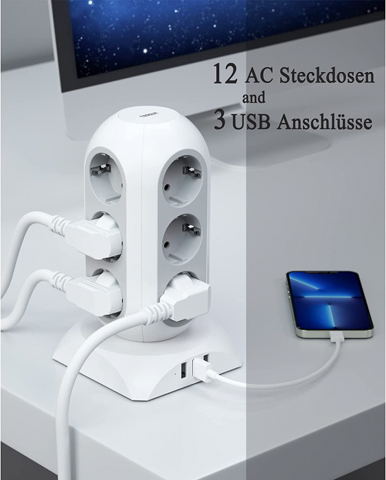 Prelungitor tip Turn Tessan TPS02, 12 prize, 3 USB 3A, cablu 2m [4]