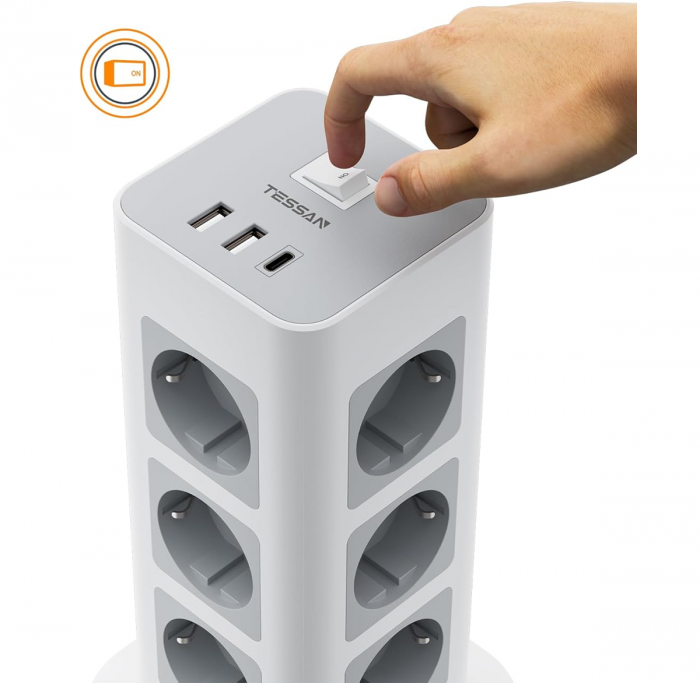 Prelungitor tip Turn Tessan TPS04-DE, 12 prize, 3 USB, 1 USB-C, 3A, cablu 2m [5]