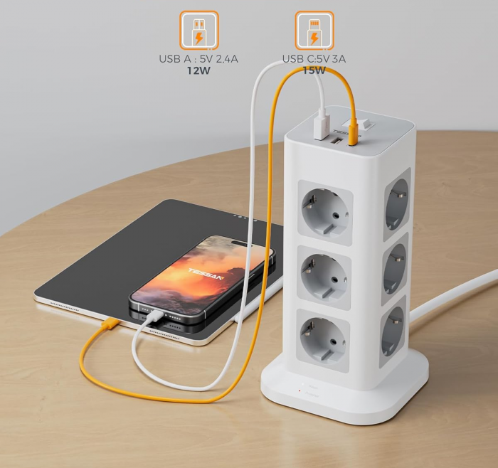 Prelungitor tip Turn Tessan TPS04-DE, 12 prize, 3 USB, 1 USB-C, 3A, cablu 2m [3]