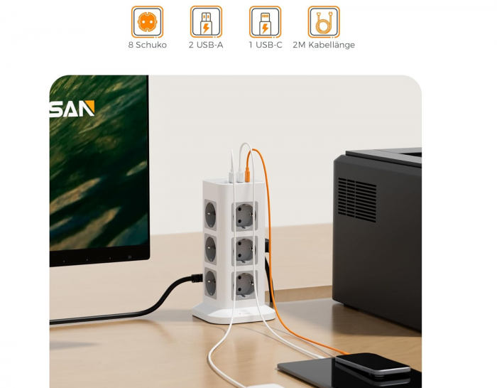 Prelungitor tip Turn Tessan TPS04-DE, 12 prize, 3 USB, 1 USB-C, 3A, cablu 2m [2]