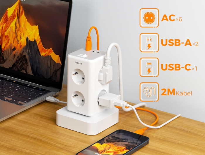 Prelungitor tip Turn Tessan TS-306TS-C, 6 prize, 2 USB, 1 USB-C, 3A, cablu 2m [2]