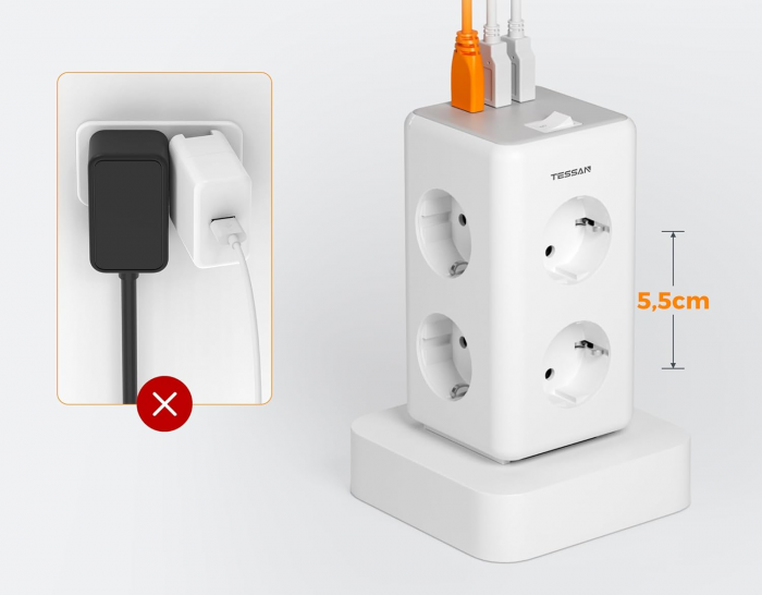 Prelungitor tip Turn Tessan TS-306TS-C, 6 prize, 2 USB, 1 USB-C, 3A, cablu 2m [7]