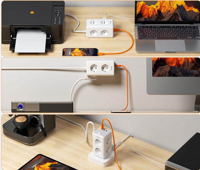 Prelungitor tip Turn Tessan TS-306TS-C, 6 prize, 2 USB, 1 USB-C, 3A, cablu 2m [3]